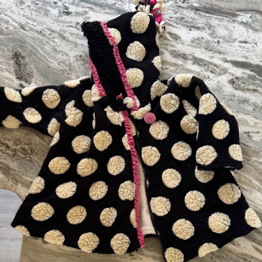 Corky and Company Polka Dot Hooded swing Jacket with Pink Trim